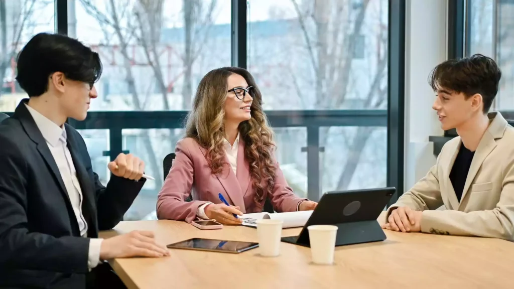 Confident candidate improving English speaking skills for job interview